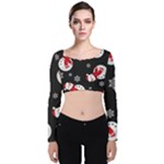 Christmas Texture, Retro Background With Snowmen Velvet Long Sleeve Crop Top