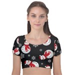 Christmas Texture, Retro Background With Snowmen Velvet Short Sleeve Crop Top 