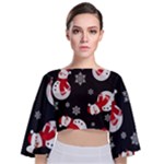 Christmas Texture, Retro Background With Snowmen Tie Back Butterfly Sleeve Chiffon Top