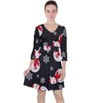 Christmas Texture, Retro Background With Snowmen Quarter Sleeve Ruffle Waist Dress