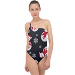 Christmas Texture, Retro Background With Snowmen Classic One Shoulder Swimsuit