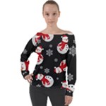 Christmas Texture, Retro Background With Snowmen Off Shoulder Long Sleeve Velour Top