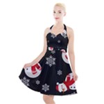 Christmas Texture, Retro Background With Snowmen Halter Party Swing Dress 