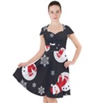 Christmas Texture, Retro Background With Snowmen Cap Sleeve Midi Dress With Pockets