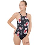 Christmas Texture, Retro Background With Snowmen High Neck One Piece Swimsuit