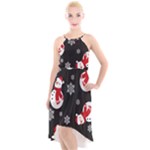 Christmas Texture, Retro Background With Snowmen High-Low Halter Chiffon Dress 