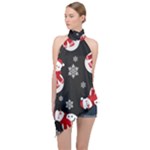 Christmas Texture, Retro Background With Snowmen Halter Asymmetric Satin Top