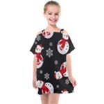 Christmas Texture, Retro Background With Snowmen Kids  One Piece Chiffon Dress