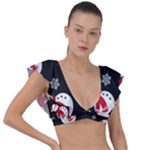 Christmas Texture, Retro Background With Snowmen Plunge Frill Sleeve Bikini Top