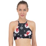 Christmas Texture, Retro Background With Snowmen Halter Bikini Top