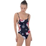 Christmas Texture, Retro Background With Snowmen Tie Strap One Piece Swimsuit