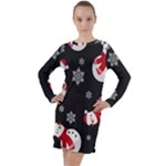 Christmas Texture, Retro Background With Snowmen Long Sleeve Hoodie Dress