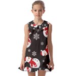 Christmas Texture, Retro Background With Snowmen Kids  Pilgrim Collar Ruffle Hem Dress