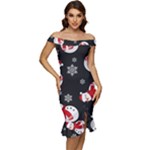 Christmas Texture, Retro Background With Snowmen Off Shoulder Ruffle Split Hem Bodycon Dress