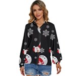 Christmas Texture, Retro Background With Snowmen Women s Long Sleeve Button Up Shirt