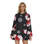 Christmas Texture, Retro Background With Snowmen Round Neck Long Sleeve Bohemian Style Chiffon Mini Dress