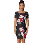 Christmas Texture, Retro Background With Snowmen Fitted Knot Split End Bodycon Dress