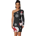 Christmas Texture, Retro Background With Snowmen Long Sleeve One Shoulder Mini Dress