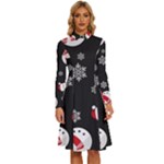 Christmas Texture, Retro Background With Snowmen Long Sleeve Shirt Collar A-Line Dress