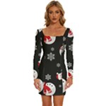 Christmas Texture, Retro Background With Snowmen Long Sleeve Square Neck Bodycon Velvet Dress