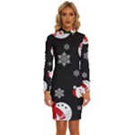 Christmas Texture, Retro Background With Snowmen Long Sleeve Shirt Collar Bodycon Dress