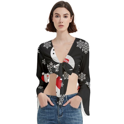 Christmas Texture, Retro Background With Snowmen Trumpet Sleeve Cropped Top from ArtsNow.com