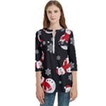 Christmas Texture, Retro Background With Snowmen Women s Zip Front V-Neck 3/4 Sleeve Casual Top Pocket Shirt