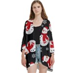 Christmas Texture, Retro Background With Snowmen Open Front 3/4 Sleeve Batwing Chiffon Cardigan Kimono