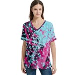 Colorful Splashes Grunge, Abstract Art V-Neck Split Shoulder Casual T-Shirt