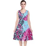 Colorful Splashes Grunge, Abstract Art V-Neck Midi Sleeveless Dress 