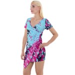 Colorful Splashes Grunge, Abstract Art Short Sleeve Asymmetric Mini Dress