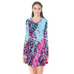 Colorful Splashes Grunge, Abstract Art Long Sleeve V-neck Flare Dress