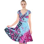 Colorful Splashes Grunge, Abstract Art Cap Sleeve Front Wrap Midi Dress