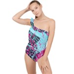 Colorful Splashes Grunge, Abstract Art Frilly One Shoulder Swimsuit