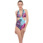 Colorful Splashes Grunge, Abstract Art Halter Front Plunge Swimsuit