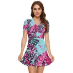 Colorful Splashes Grunge, Abstract Art V-Neck High Waist Chiffon Mini Dress