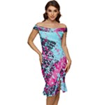 Colorful Splashes Grunge, Abstract Art Off Shoulder Ruffle Split Hem Bodycon Dress