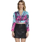 Colorful Splashes Grunge, Abstract Art Long Sleeve Tie Back Satin Wrap Top