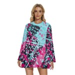 Colorful Splashes Grunge, Abstract Art Round Neck Long Sleeve Bohemian Style Chiffon Mini Dress