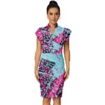 Colorful Splashes Grunge, Abstract Art Vintage Frill Sleeve V-Neck Bodycon Dress