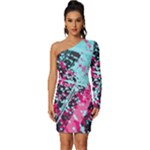 Colorful Splashes Grunge, Abstract Art Long Sleeve One Shoulder Mini Dress