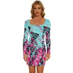 Colorful Splashes Grunge, Abstract Art Long Sleeve Square Neck Bodycon Velvet Dress