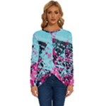 Colorful Splashes Grunge, Abstract Art Long Sleeve Crew Neck Pullover Top