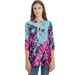 Colorful Splashes Grunge, Abstract Art Women s Zip Front V-Neck 3/4 Sleeve Casual Top Pocket Shirt