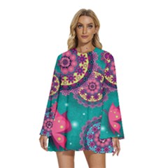 Round Neck Long Sleeve Bohemian Style Chiffon Mini Dress 