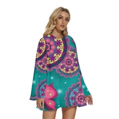 Round Neck Long Sleeve Bohemian Style Chiffon Mini Dress 