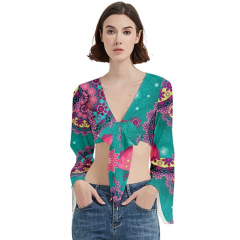 Floral Pattern, Abstract, Colorful, Flow Trumpet Sleeve Cropped Top from ArtsNow.com