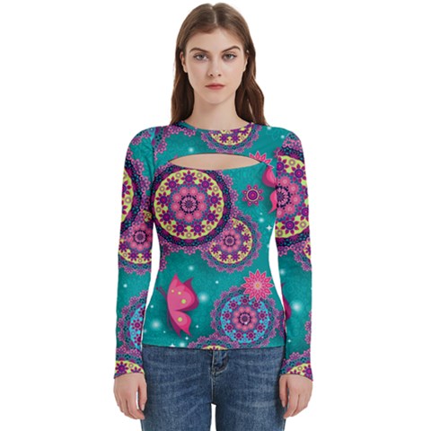 Floral Pattern, Abstract, Colorful, Flow Women s Cut Out Long Sleeve T