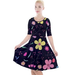 Quarter Sleeve A-Line Dress With Pockets 