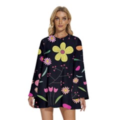 Round Neck Long Sleeve Bohemian Style Chiffon Mini Dress 